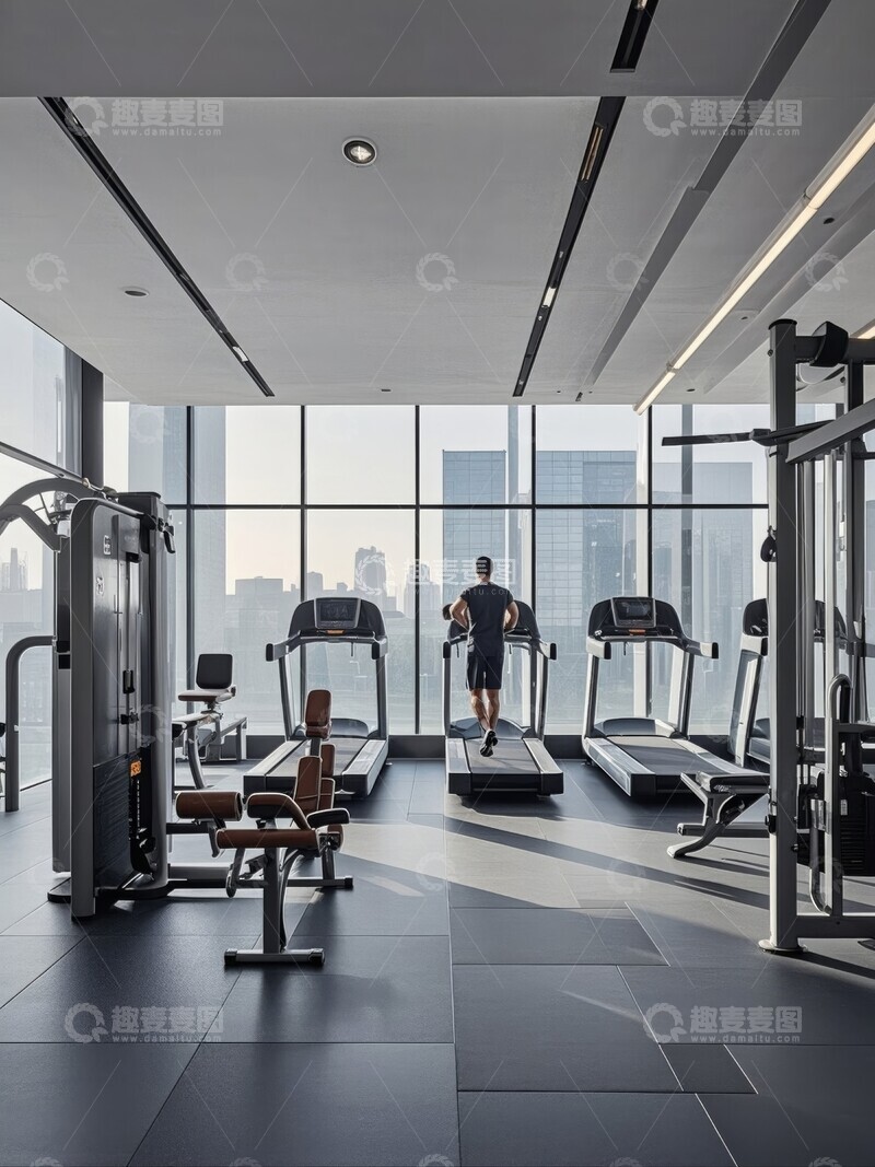 高清大图下载【趣麦麦图】现代健身房内一人跑步机上锻炼