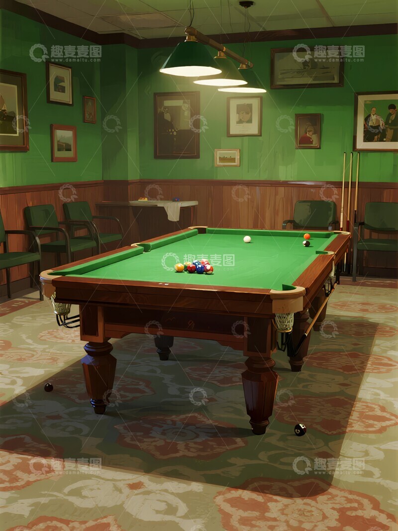高清大图下载【趣麦麦图】绿色台球室内的标准台球桌