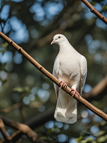 树枝上休息的白色鸽子