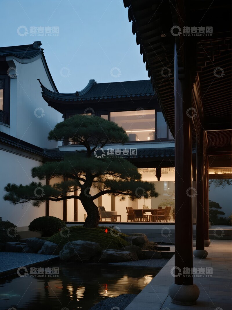 高清大图下载【趣麦麦图】中式庭院中的建筑与松树