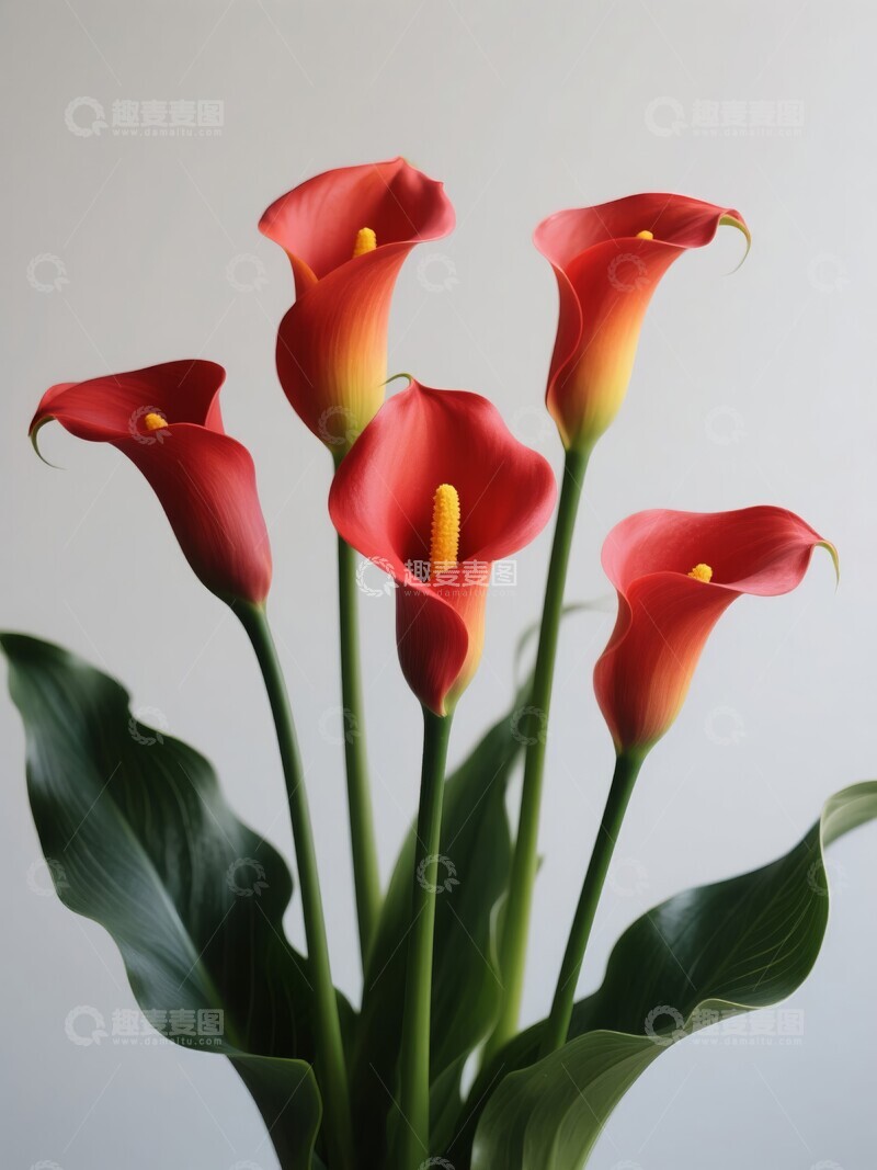 高清大图下载【趣麦麦图】红色马蹄莲与绿叶的静谧组合