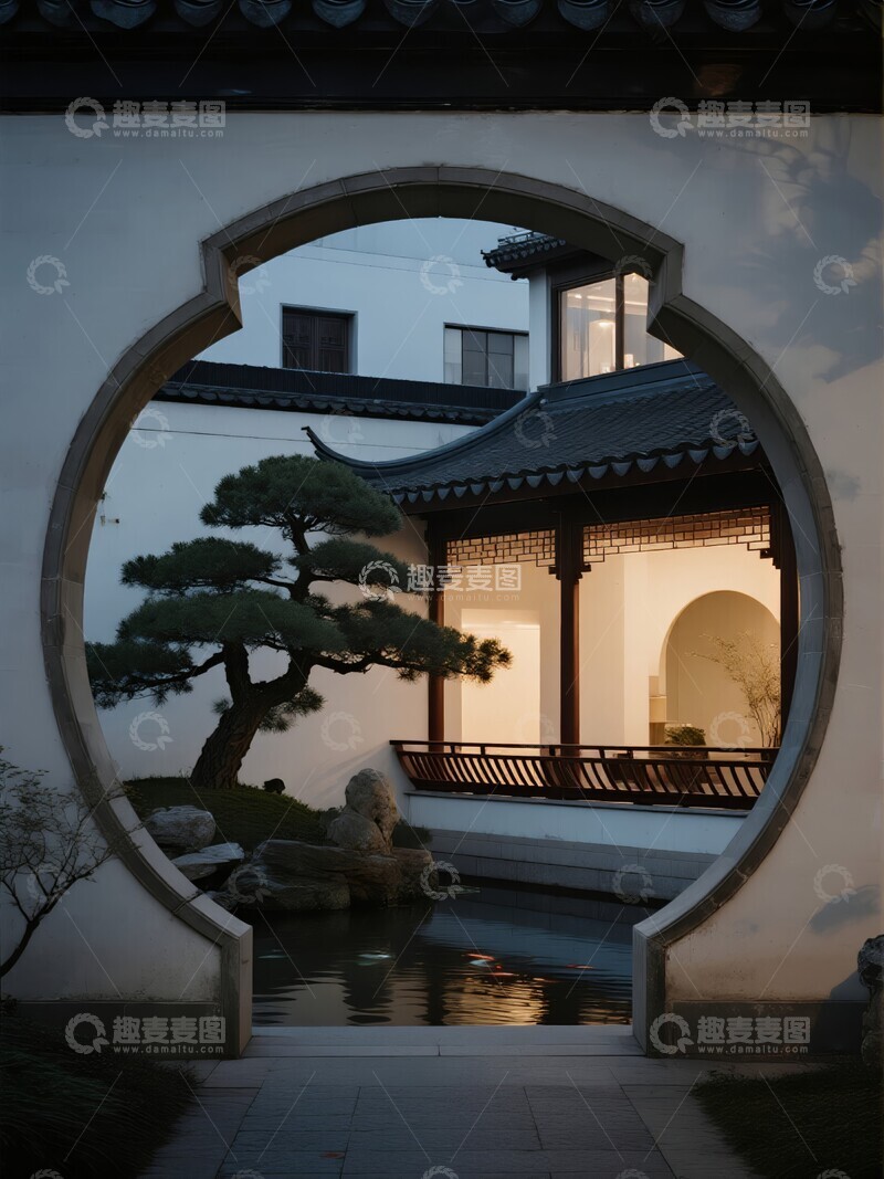 高清大图下载【趣麦麦图】庭院中的建筑与松树