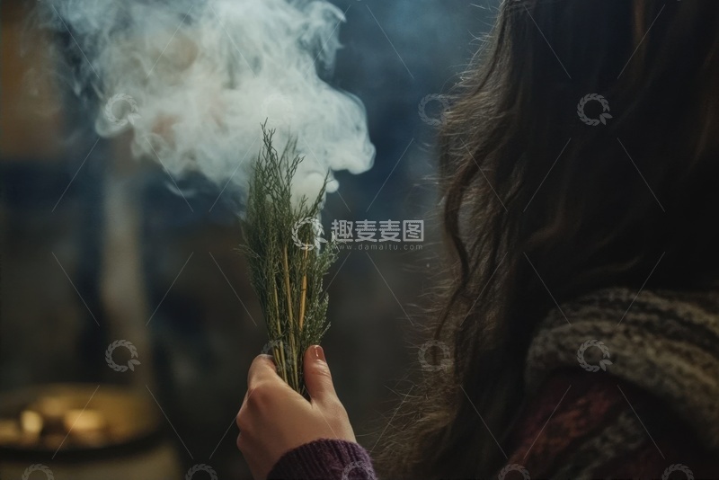 高清大图下载【趣麦麦图】燃烧艾草的女士