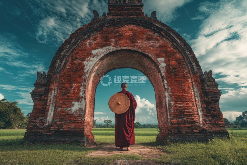 高清大图下载【趣麦麦图】站在拱形石门下的游僧