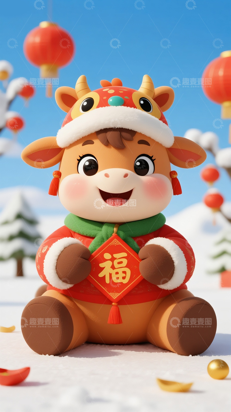 高清大图下载【趣麦麦图】福牛迎春雪日送吉祥