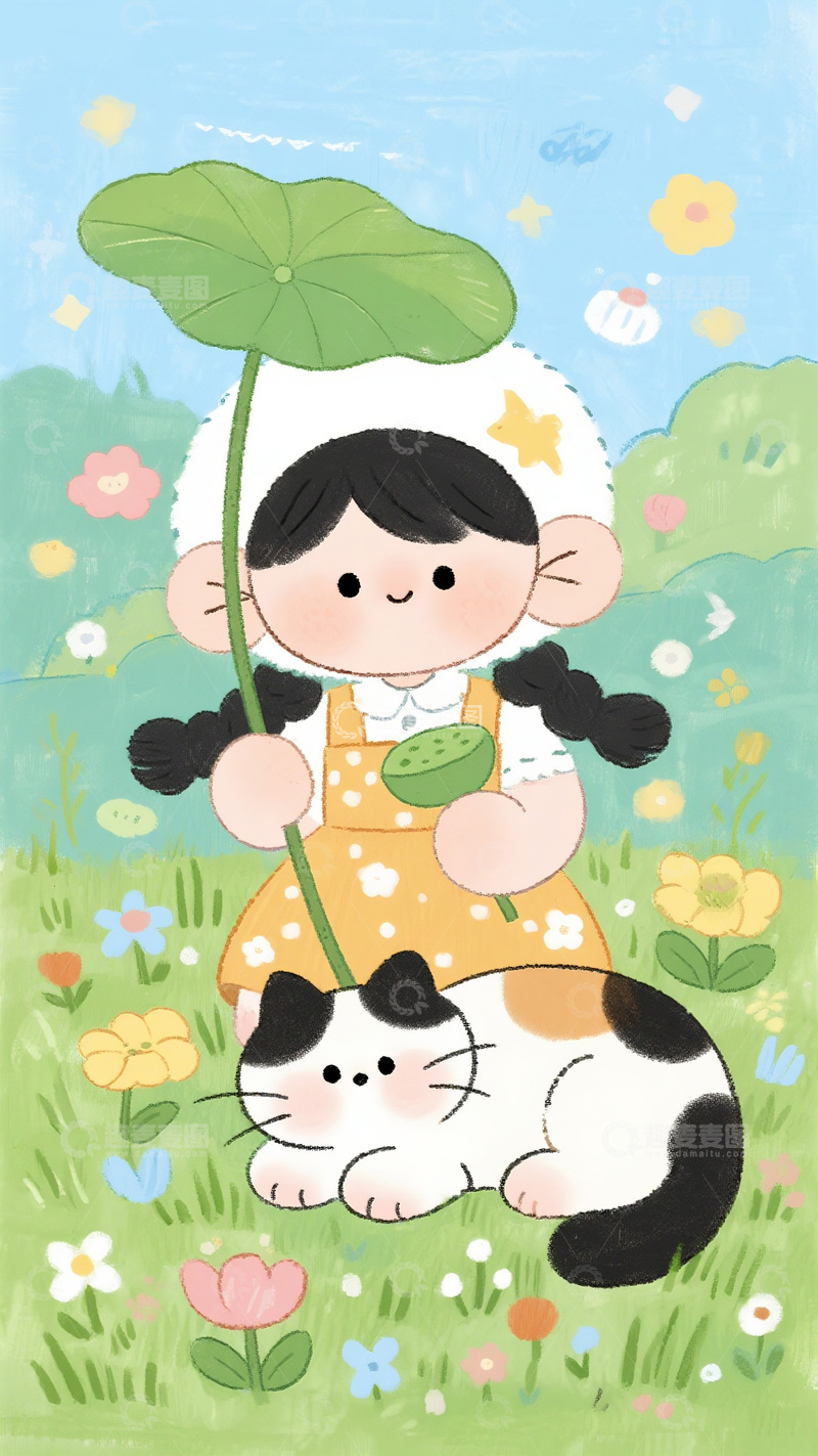 高清大图下载【趣麦麦图】荷下女孩与猫的惬意时光