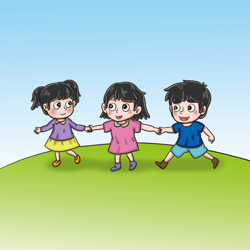 三个开心的小学生在草坪上