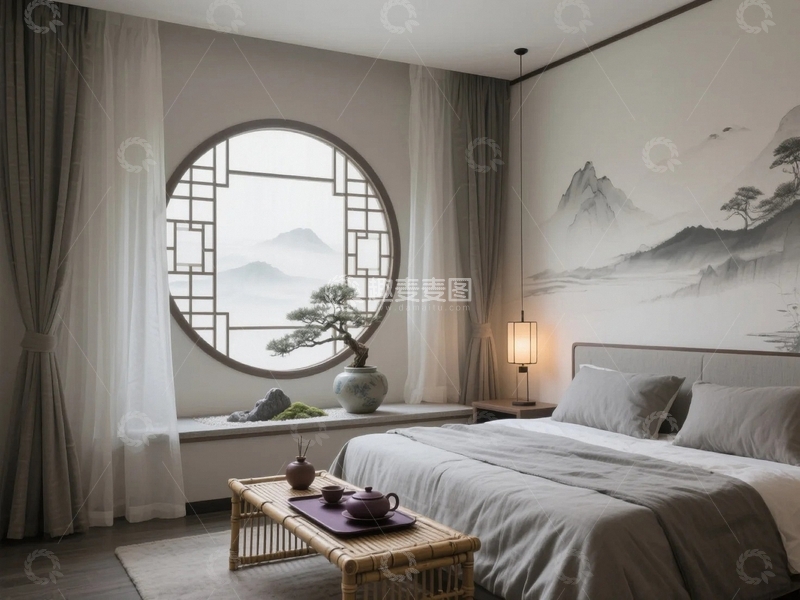 高清大图下载【趣麦麦图】中式山水画卧室效果图3