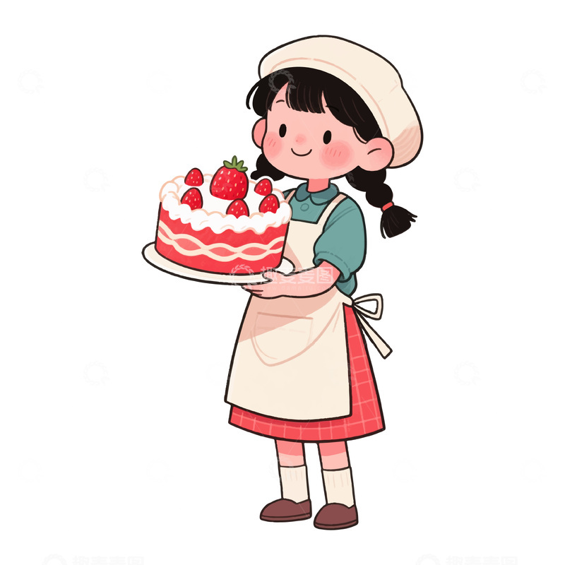 源文件下载【趣麦麦图】女孩捧着草莓蛋糕