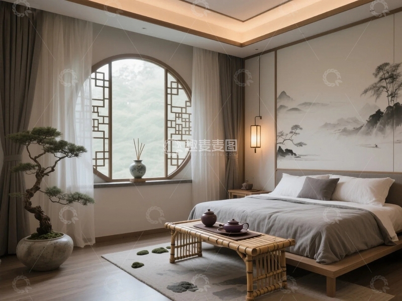 高清大图下载【趣麦麦图】中式山水画卧室效果图4