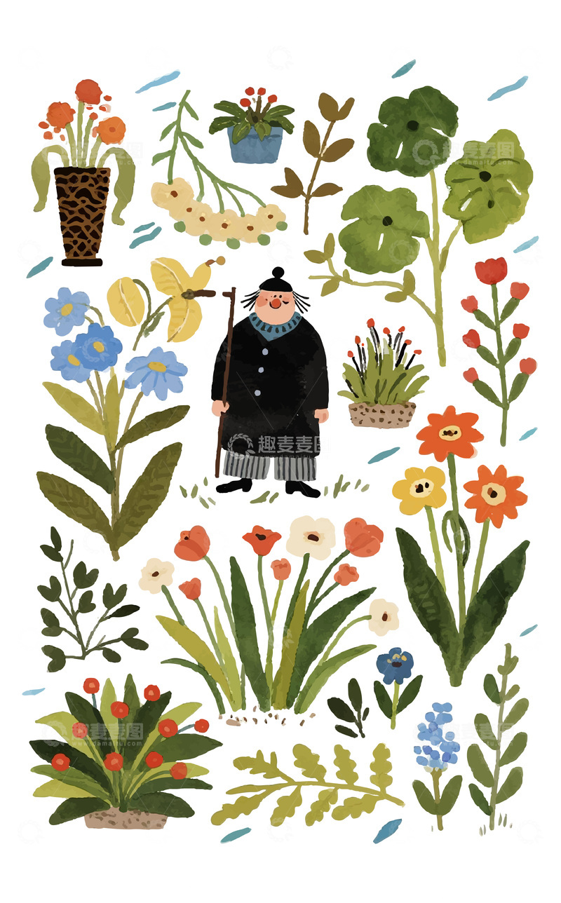 源文件下载【趣麦麦图】水彩植物人物插画