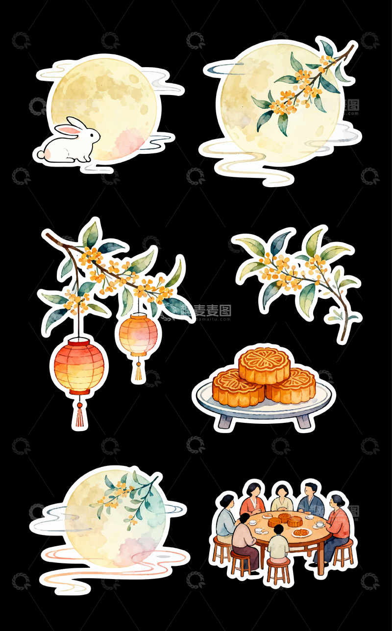 源文件下载【趣麦麦图】中秋节月亮桂花兔子