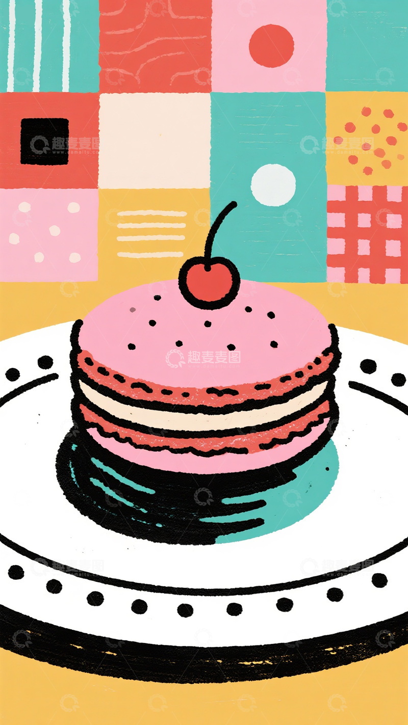 高清大图下载【趣麦麦图】樱桃点缀的马卡龙甜点