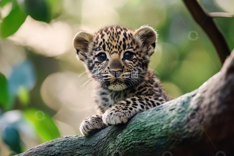 高清大图下载【趣麦麦图】趴在树枝上的小花豹