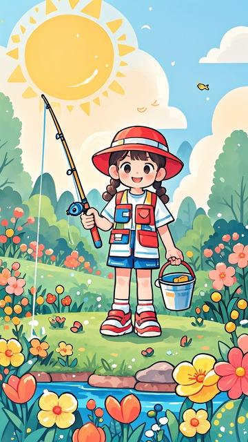 钓鱼的女孩卡通人1