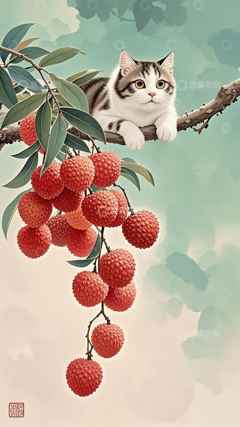 高清大图下载【趣麦麦图】猫和荔枝插画2