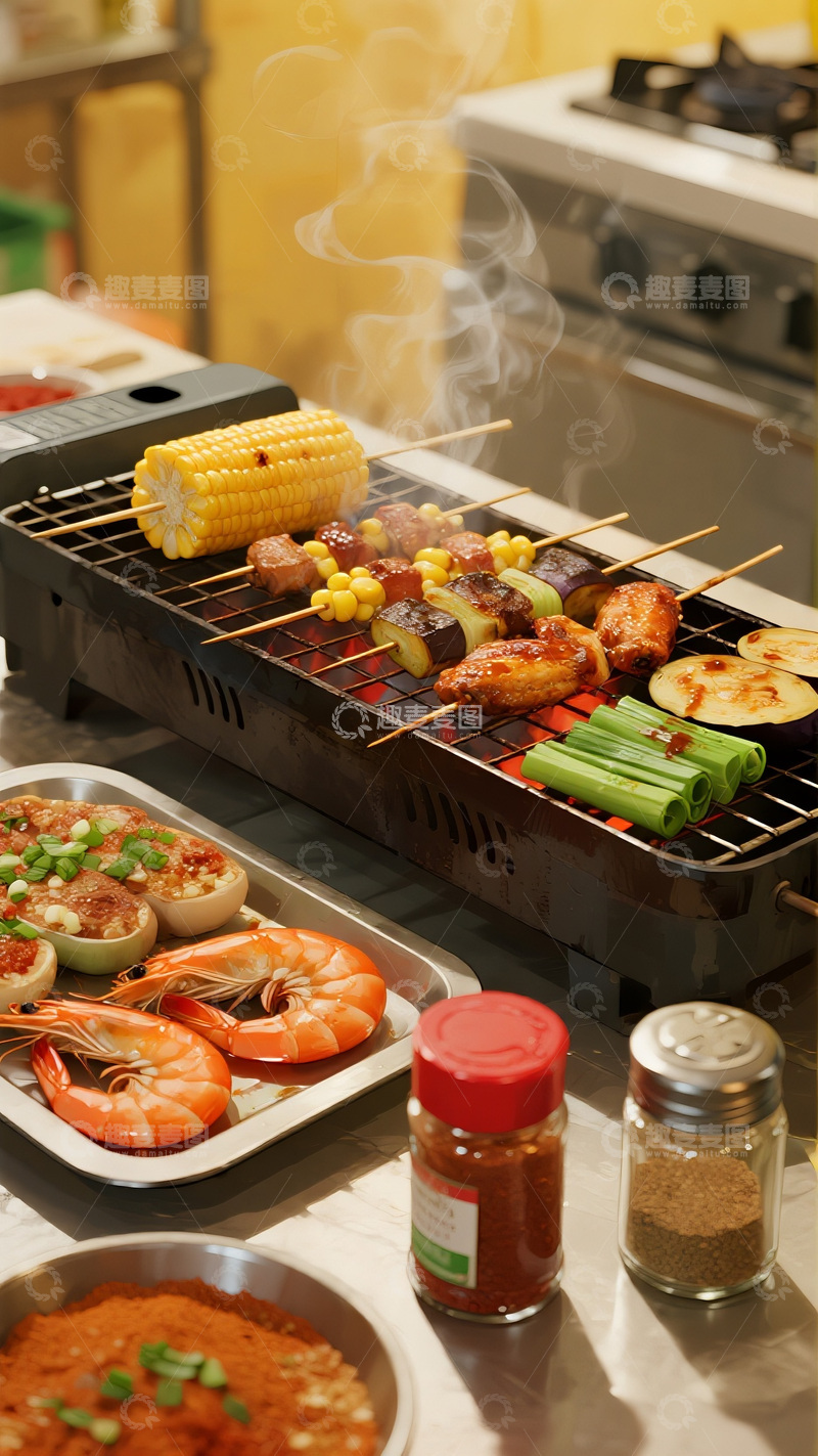 高清大图下载【趣麦麦图】烤盘上的香烤美味香肠