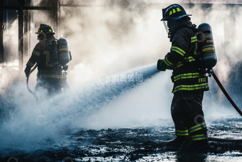 高清大图下载【趣麦麦图】拿着水枪灭火的消防员
