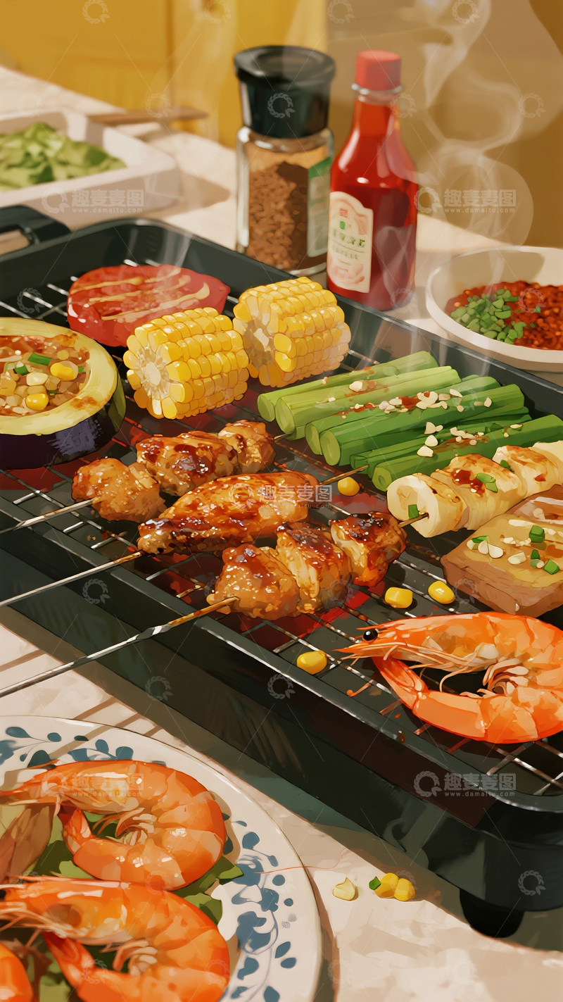 高清大图下载【趣麦麦图】烤盘上的丰盛烧烤盛宴