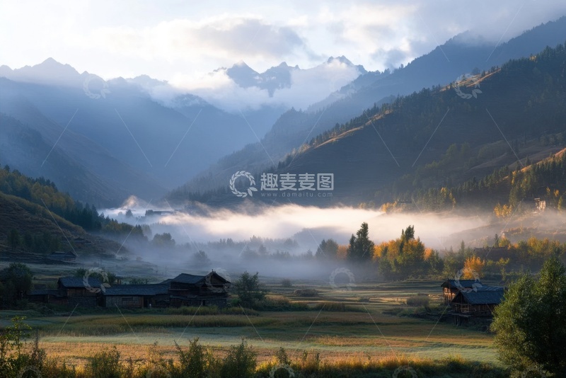 高清大图下载【趣麦麦图】户外田野远山小村风景