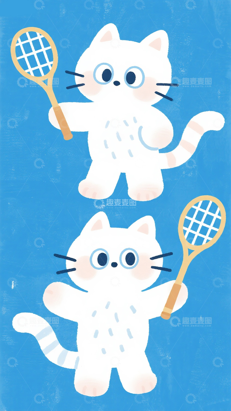 高清大图下载【趣麦麦图】两只小白猫的网球时光