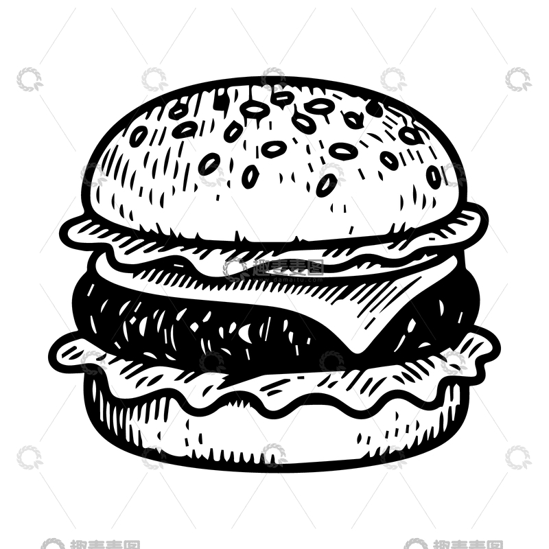 源文件下载【趣麦麦图】黑白线稿汉堡