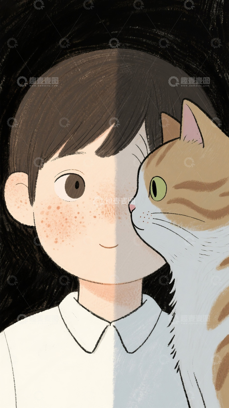 高清大图下载【趣麦麦图】女孩和猫儿童插画5