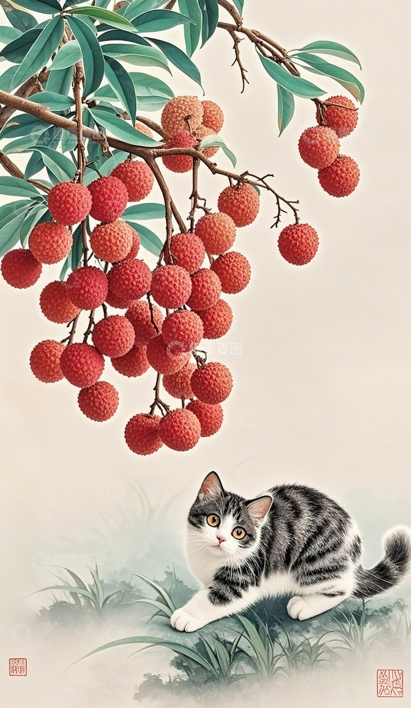 高清大图下载【趣麦麦图】猫和荔枝插画3