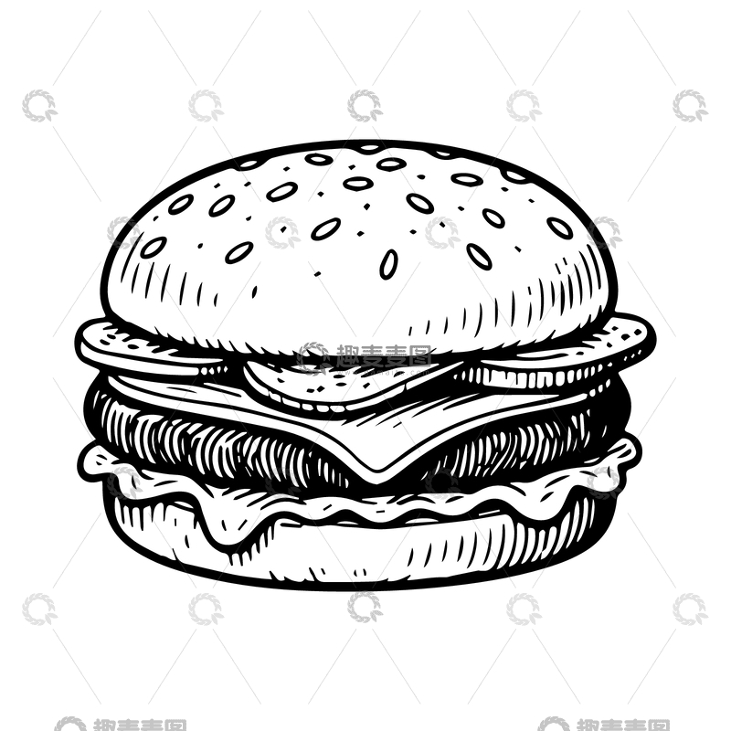 源文件下载【趣麦麦图】-黑白线稿汉堡包