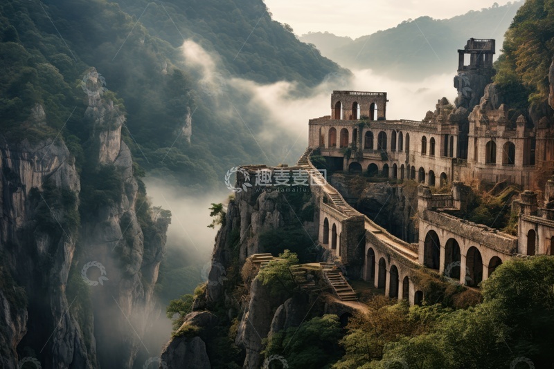 高清大图下载【趣麦麦图】山崖上的古建筑遗迹