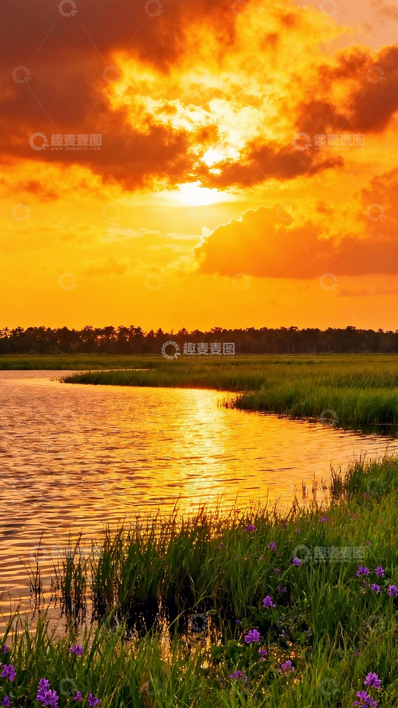 高清大图下载【趣麦麦图】落日橙黄的湖