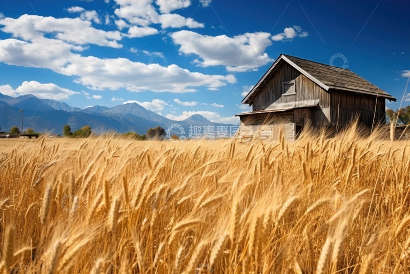 高清大图下载【趣麦麦图】麦田里的小木屋建筑