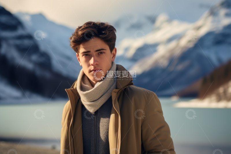 高清大图下载【趣麦麦图】户外雪山湖泊前站立的男孩