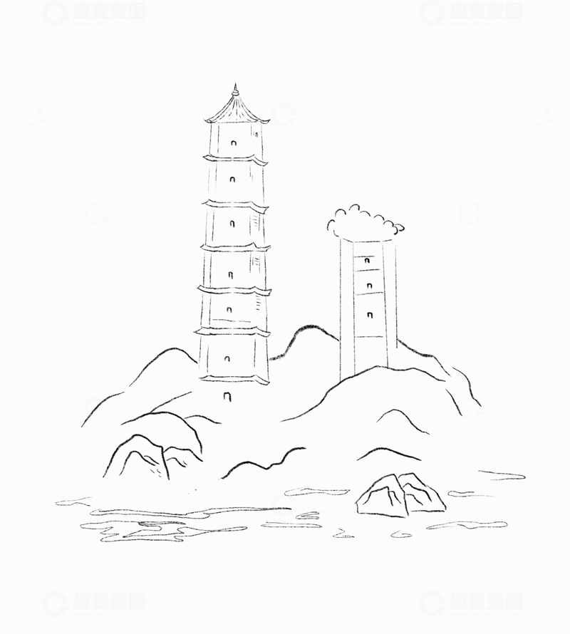 源文件下载【趣麦麦图】浙江温州江心屿城市地标建筑线描