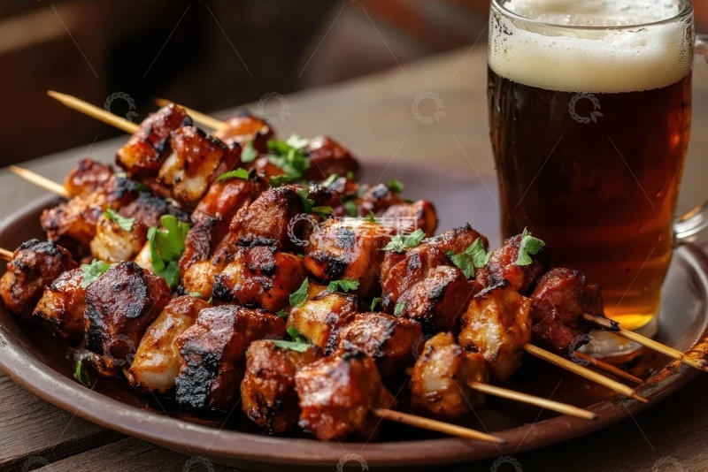 高清大图下载【趣麦麦图】一盘子烤肉串一杯啤酒