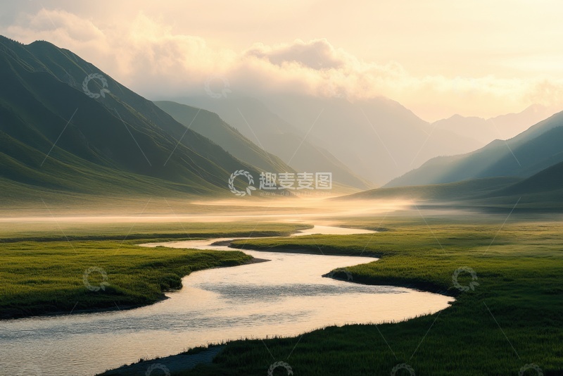 高清大图下载【趣麦麦图】远山河流草地