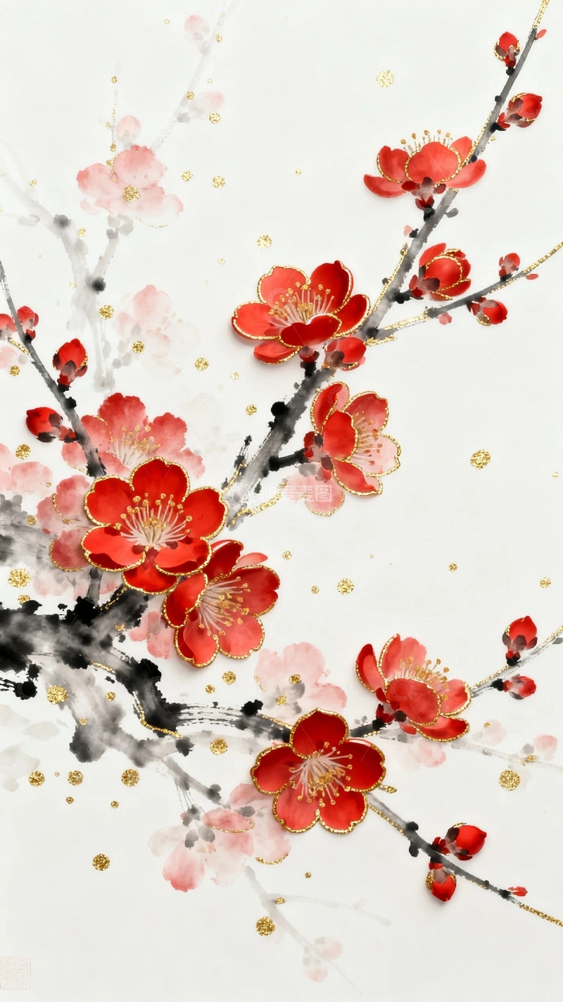 高清大图下载【趣麦麦图】新国潮水墨立体梅花8
