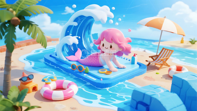 高清大图下载【趣麦麦图】夏日海滩美人鱼趣味场景图