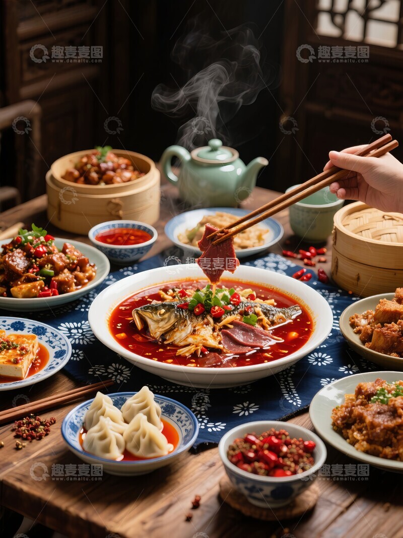 高清大图下载【趣麦麦图】中式美食盛宴，热气腾腾的餐桌
