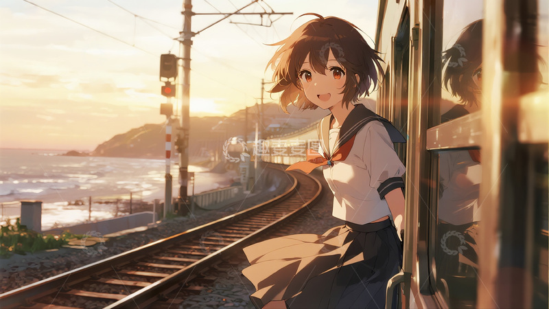 高清大图下载【趣麦麦图】列车上的少女与海景图