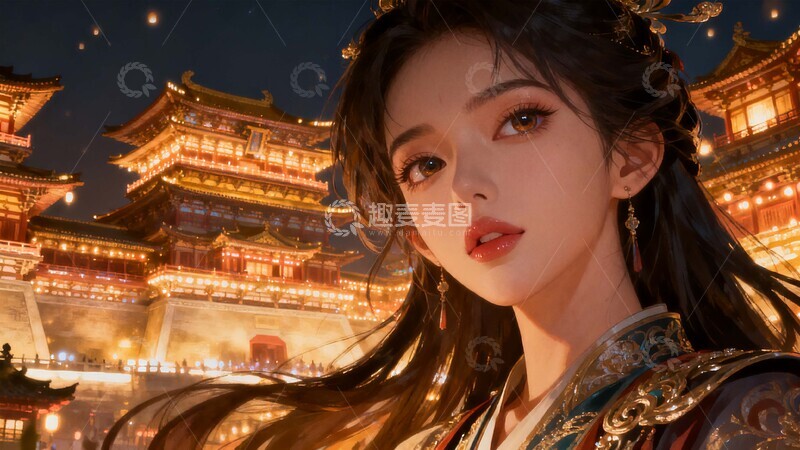 古风女子与繁华夜景图