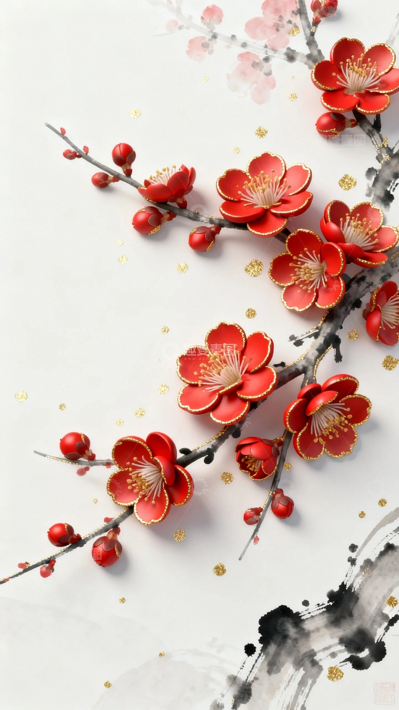 高清大图下载【趣麦麦图】新国潮水墨立体梅花2