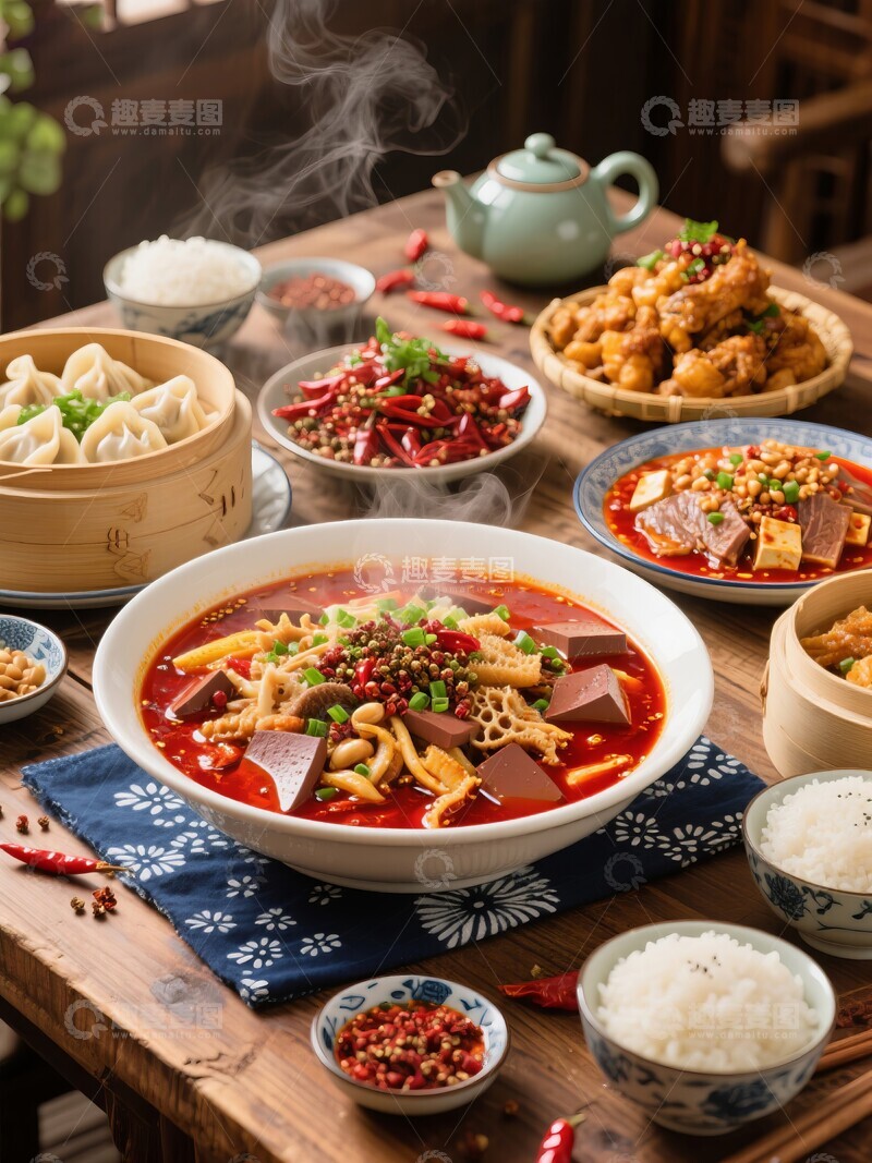 高清大图下载【趣麦麦图】中式美食，热气腾腾的餐桌