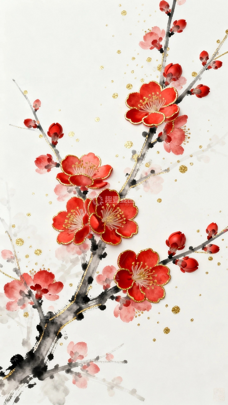 高清大图下载【趣麦麦图】新国潮水墨立体梅花5