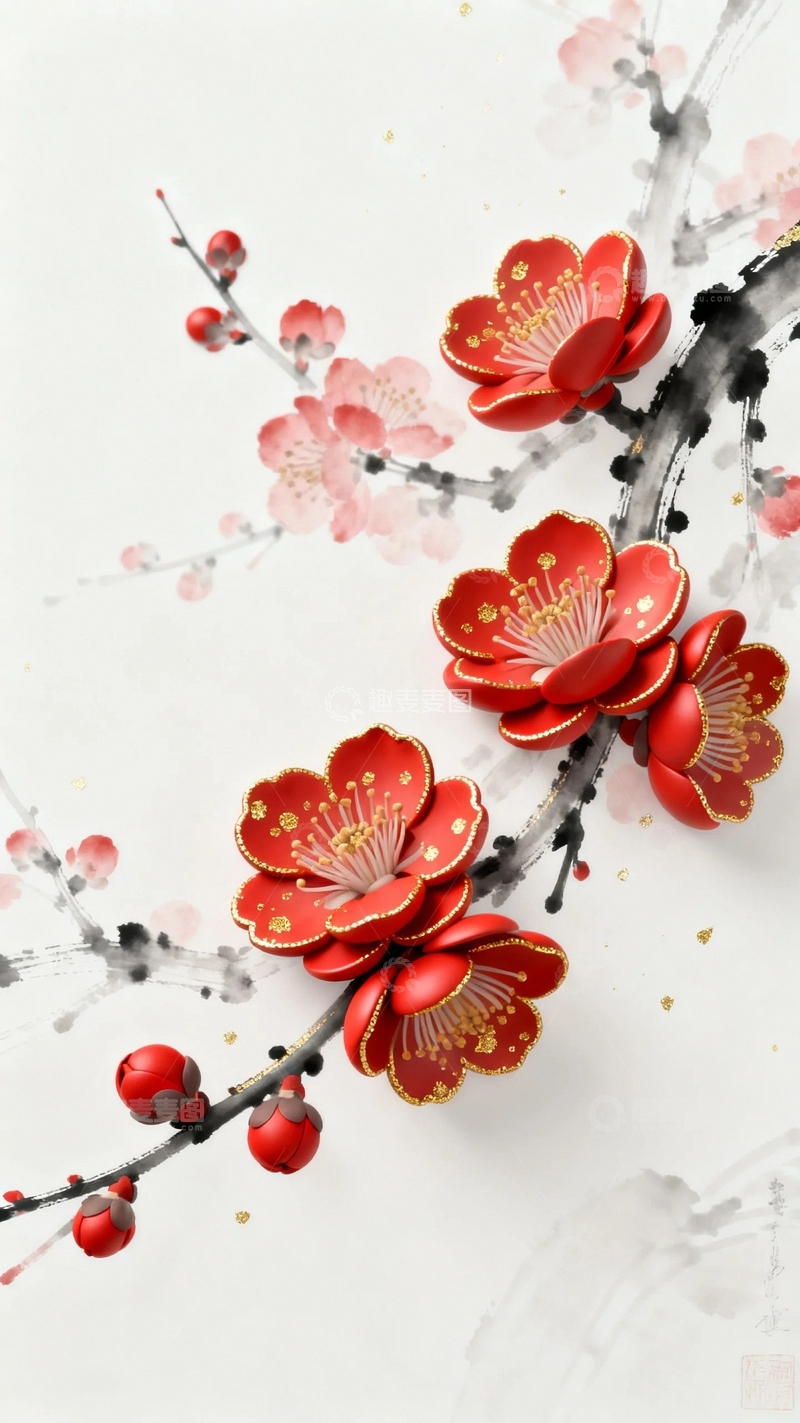 高清大图下载【趣麦麦图】新国潮水墨立体梅花4