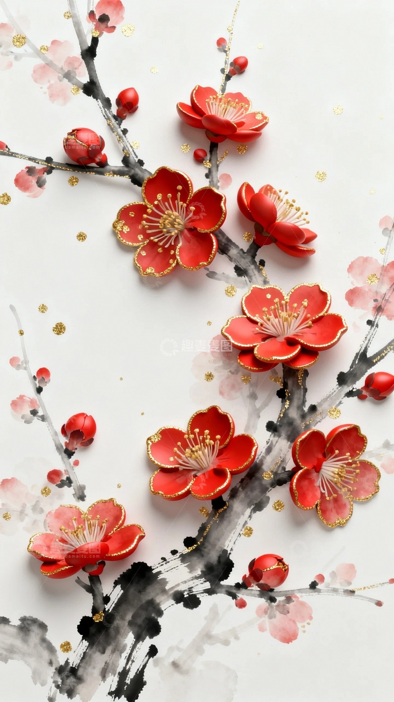 高清大图下载【趣麦麦图】新国潮水墨立体梅花3