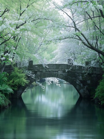 樱花盛开的拱桥与河流