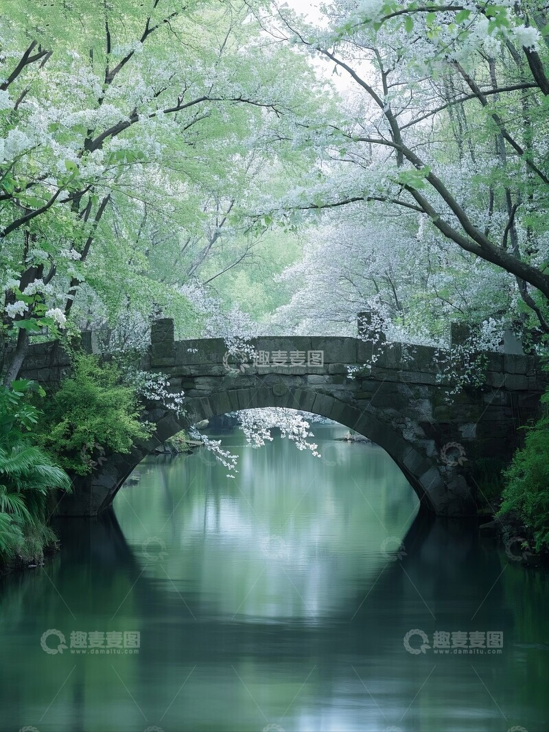 高清大图下载【趣麦麦图】樱花盛开的拱桥与河流