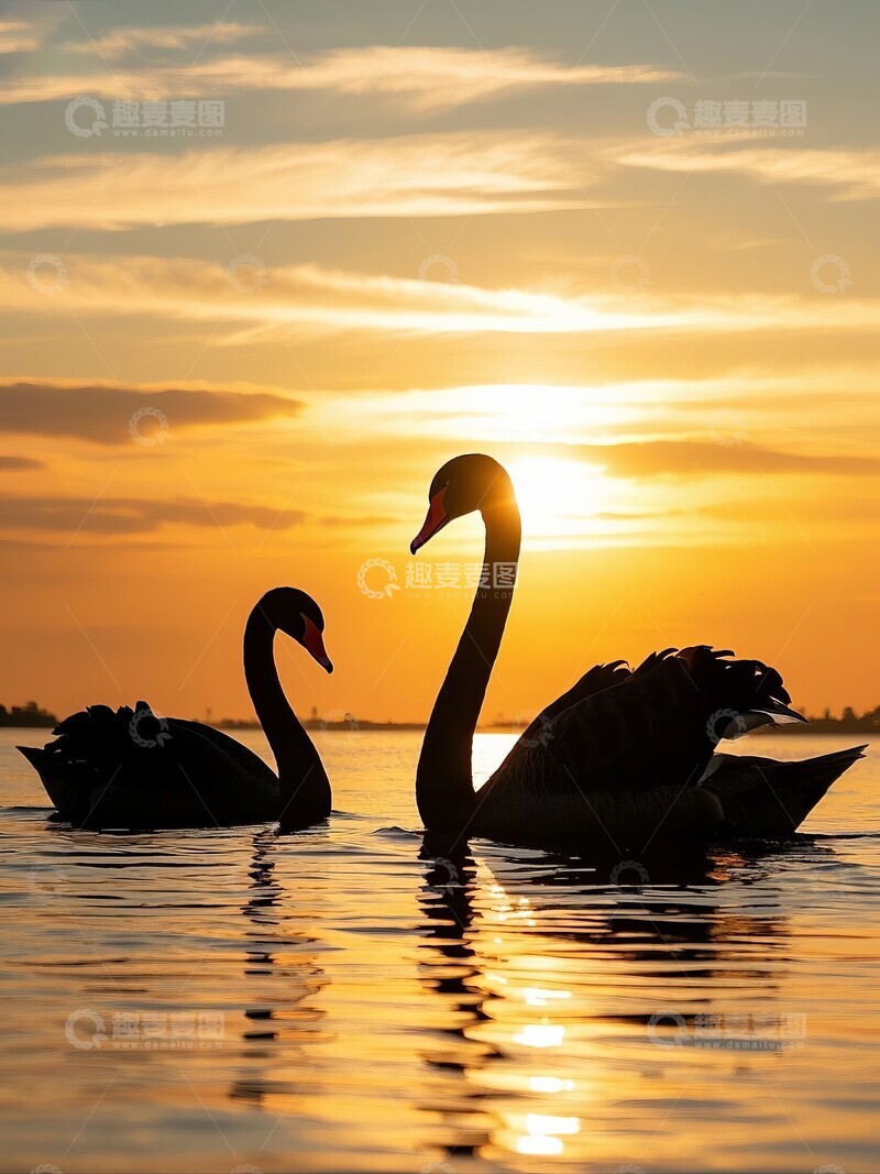 高清大图下载【趣麦麦图】日落湖面两只天鹅剪影