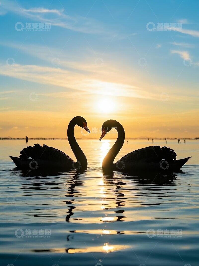 高清大图下载【趣麦麦图】日落湖面双天鹅剪影